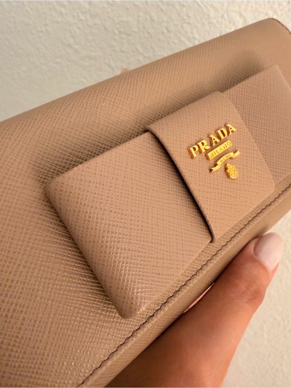 Prada Saffiano Leather Bow Wallet - Taupe